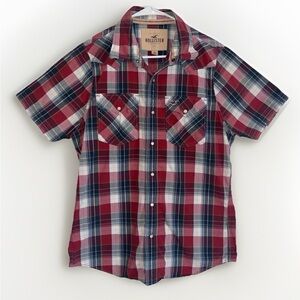 Hollister Men's Red Plaid Snap Front Western Style Short Sleeve Shirt Size XL